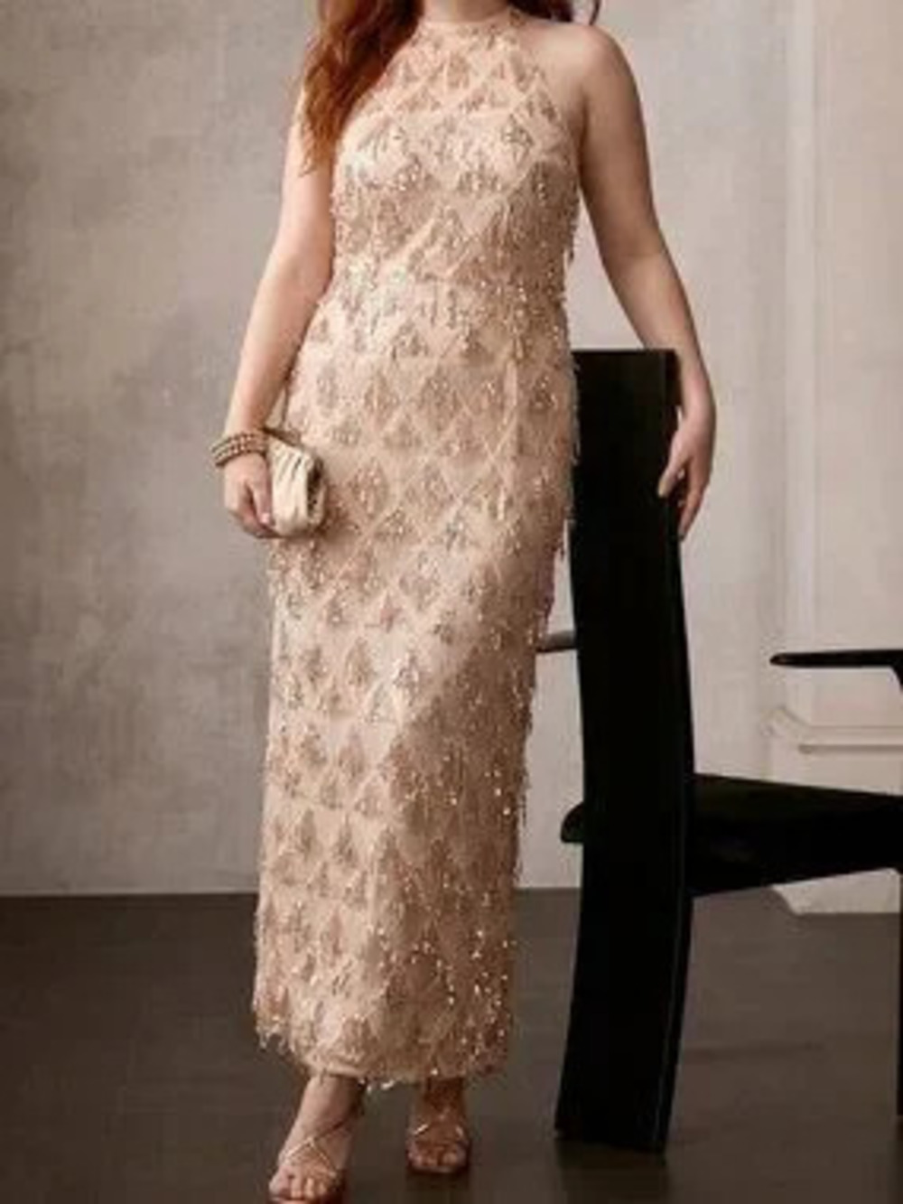 Champagne Elegant Women's Premium Plus Size Sequin Embroidered Halter Neck Dress